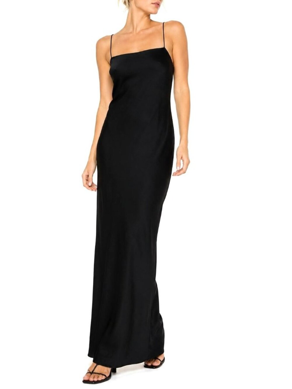 1990s Han Feng 100% Silk Black Slip Dress Minimalist Spaghetti Strap Maxi